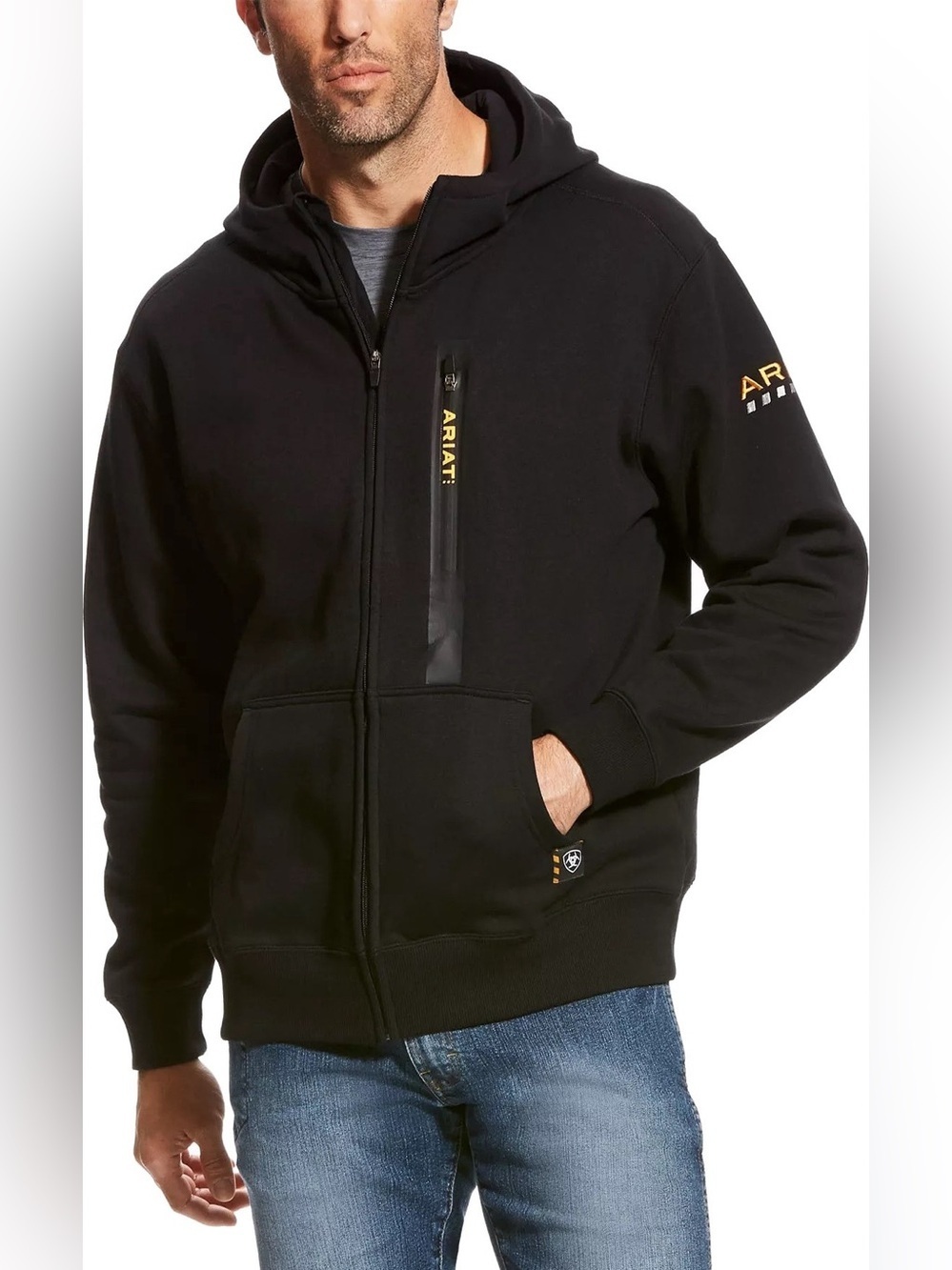 ARIAT Men's Medium Rebar Full Zip Black Hoodie Sweatshirt Workman Workwear Fleec